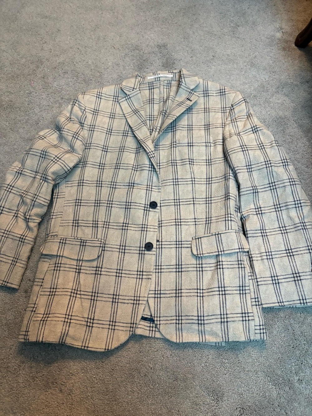 Men's Cream Plaid Blazer with Navy Windowpane - Classic Two-Button Sport Coat